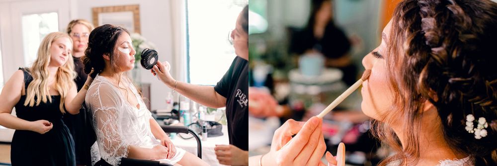 Behind the scenes photo of wedding day makeup preparations in a bright room.