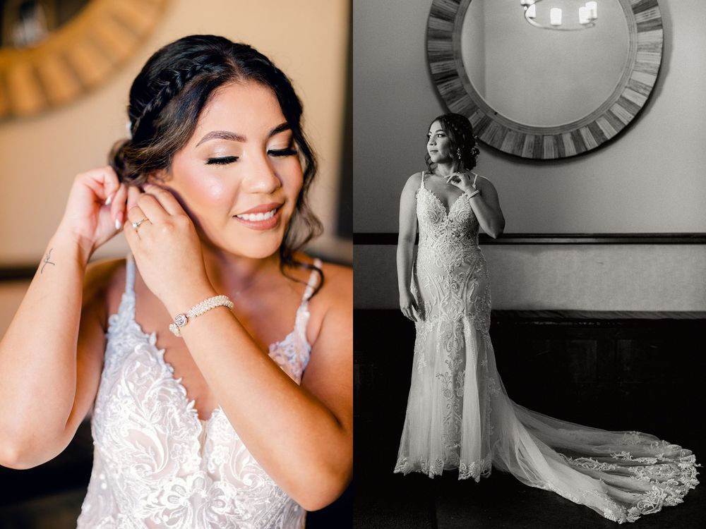Side by side photos showing detailed lace wedding dress.