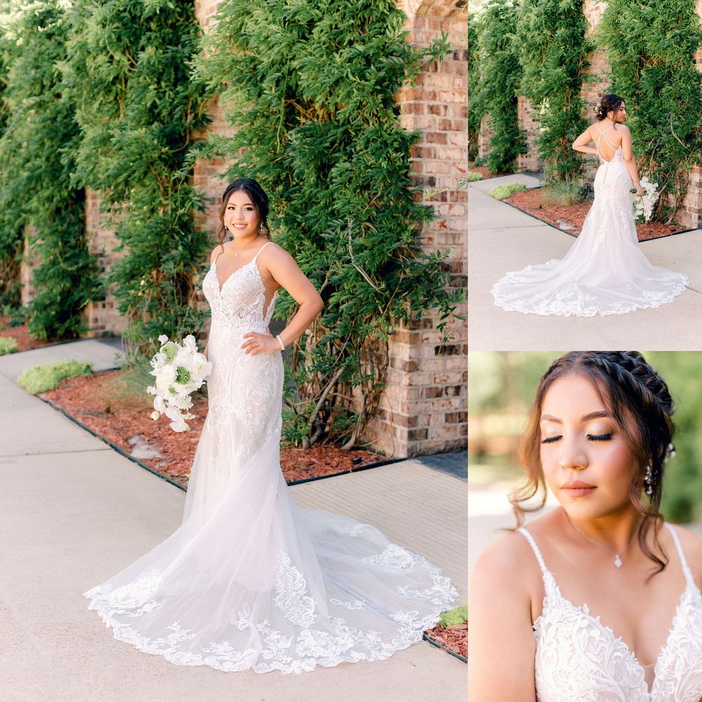 Stunning bridal portraits showing a lace wedding dress with cathedral train against brick and greenery backdrop.