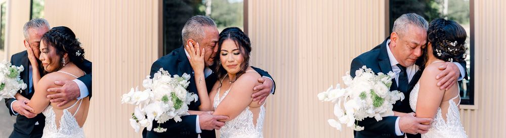 Emotional wedding moments captured in a series of three photos showing embraces and expressions of joy.
