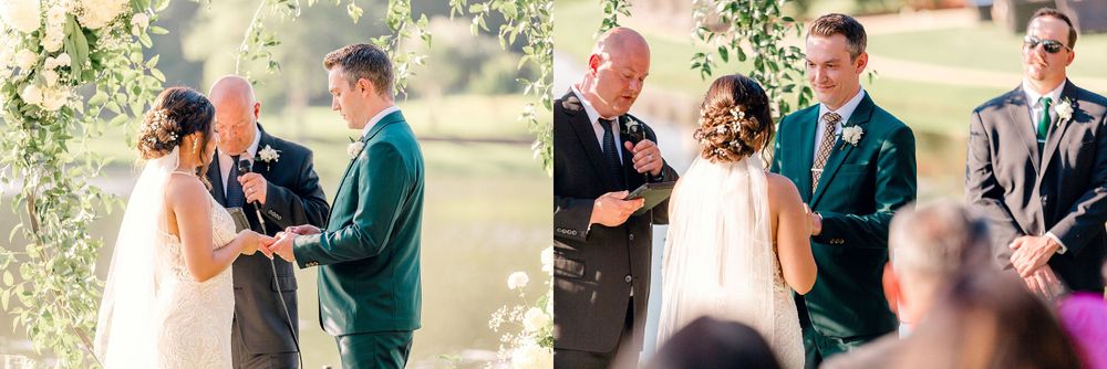 Wedding ceremony moments captured under a floral arch during an outdoor celebration.