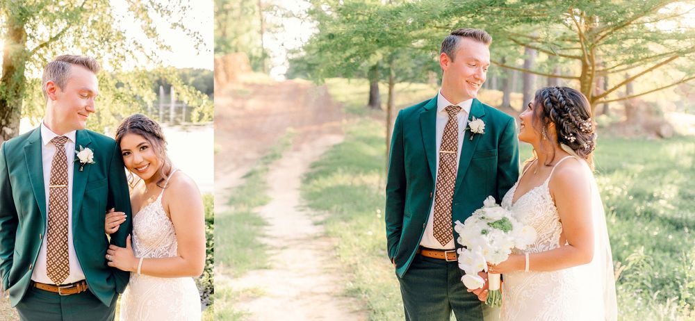 Romantic wedding portraits captured outdoors with emerald green attire and white bouquet.