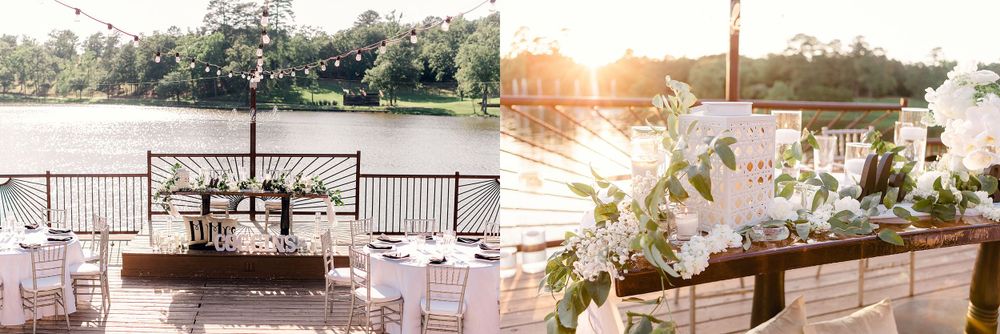 An outdoor wedding reception setup with white tables and chairs overlooking a scenic waterfront venue.