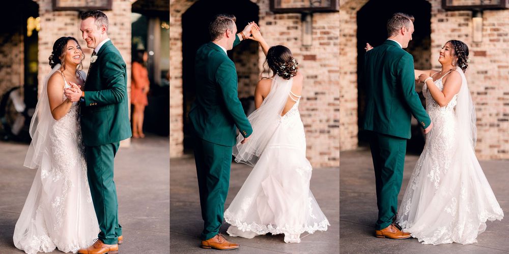 A series of dance poses between a couple in formal attire against a brick wall backdrop.