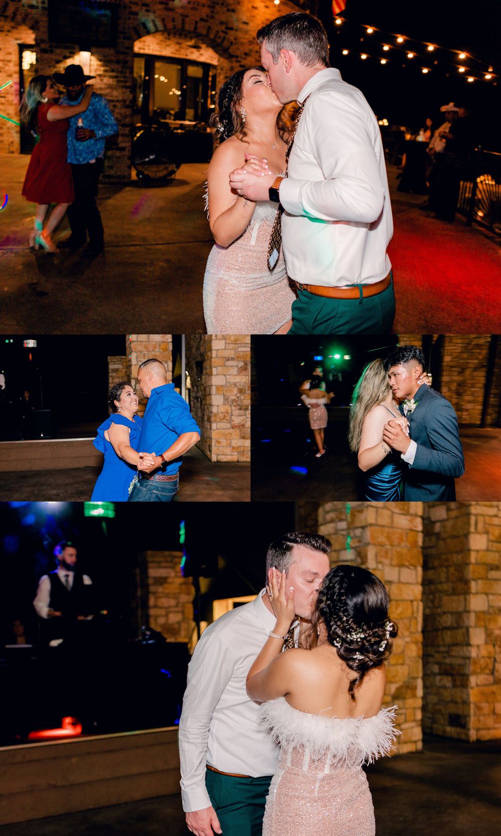 Romantic dance moments captured at wedding reception with couples dancing under warm lighting.