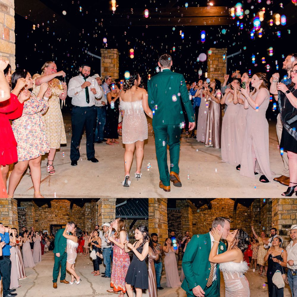 Wedding guests cheer as couple exits reception venue under colorful hanging lights at night.