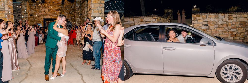 Wedding party exit with guests lined up waving sparklers as couple walks to car.