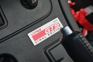 Close-up of a Viper GTS Final Edition badge on a black interior panel.