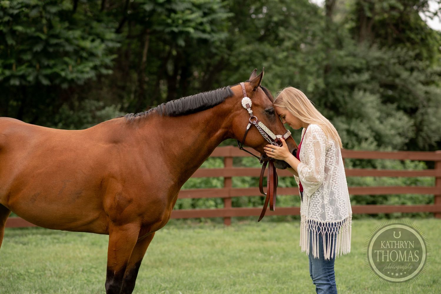 Beautiful brown horse nuzzling with someone in a fringed sweater by a wooden fence.