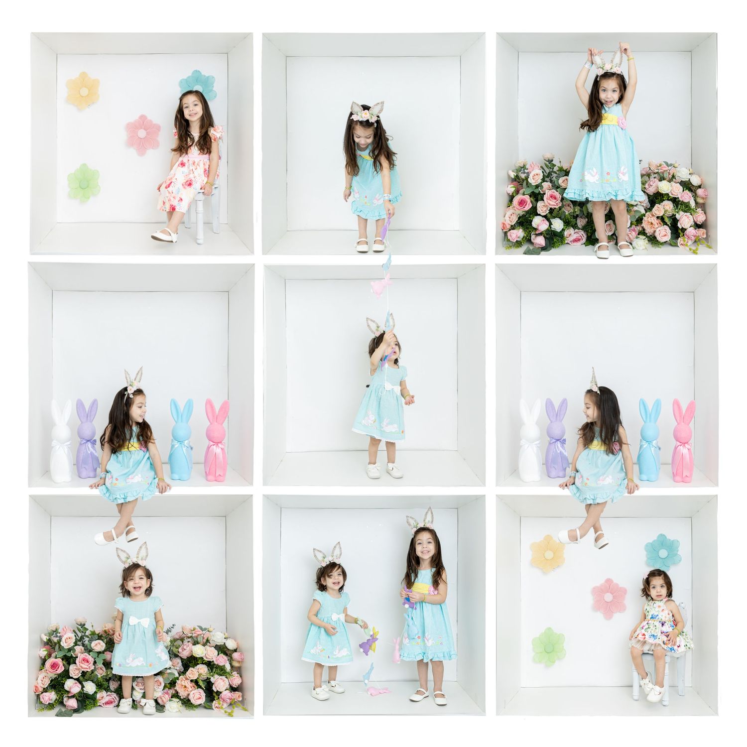 Easter themed photo collage with spring decorations and pastel colors in white cube settings.
