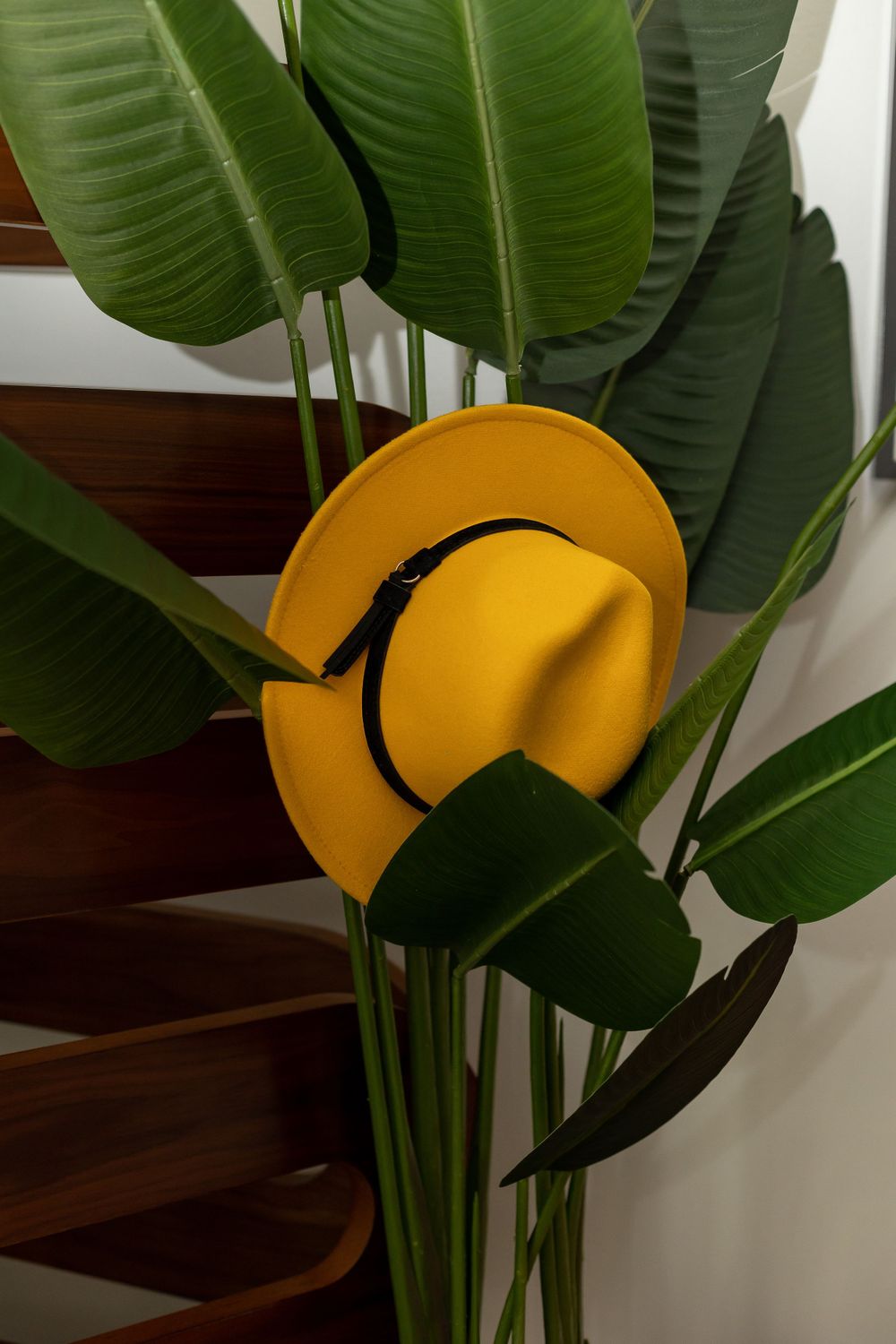 Yellow wide-brim hat with black band resting on a tropical bird of paradise plant near wooden stairs.