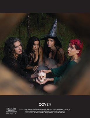 Dark atmospheric group photo series titled Coven with gothic styling.