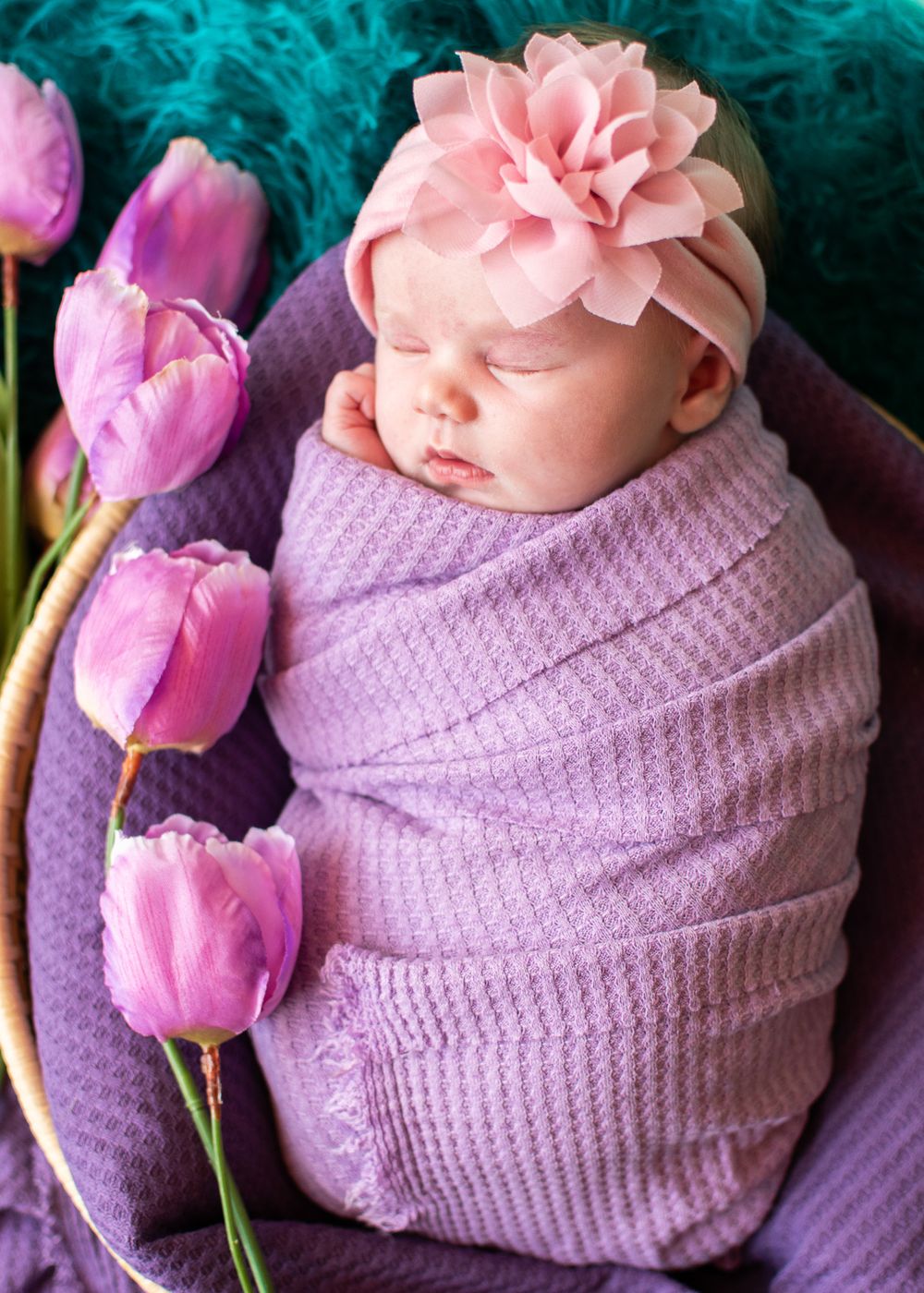 newborn daughter with pink flower headband, purple wrap, and pink tulips