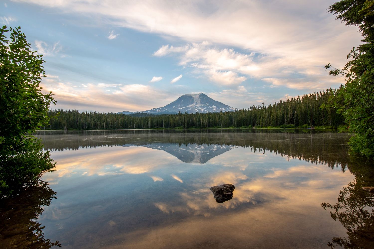 Mt Adams reflected in Tahklakh Lake near sunset