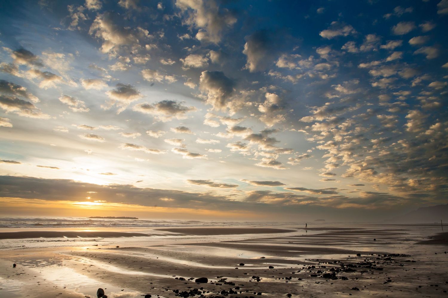 Sunset skies and wet sand of South Beach, Oregon