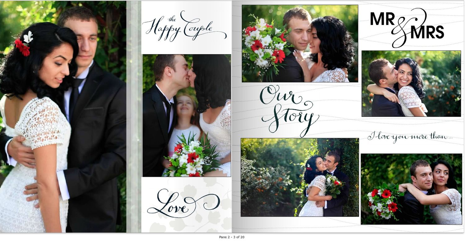 Wedding photo album layout with romantic couple portraits and decorative text.