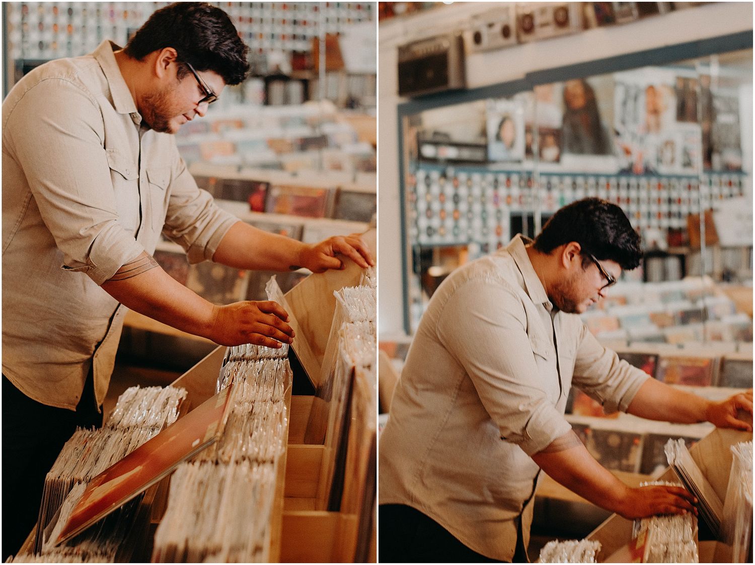 Person in beige shirt browsing through vinyl records at music store.
