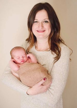 Series of tender moments with a newborn baby wrapped in soft fabrics against neutral backgrounds.