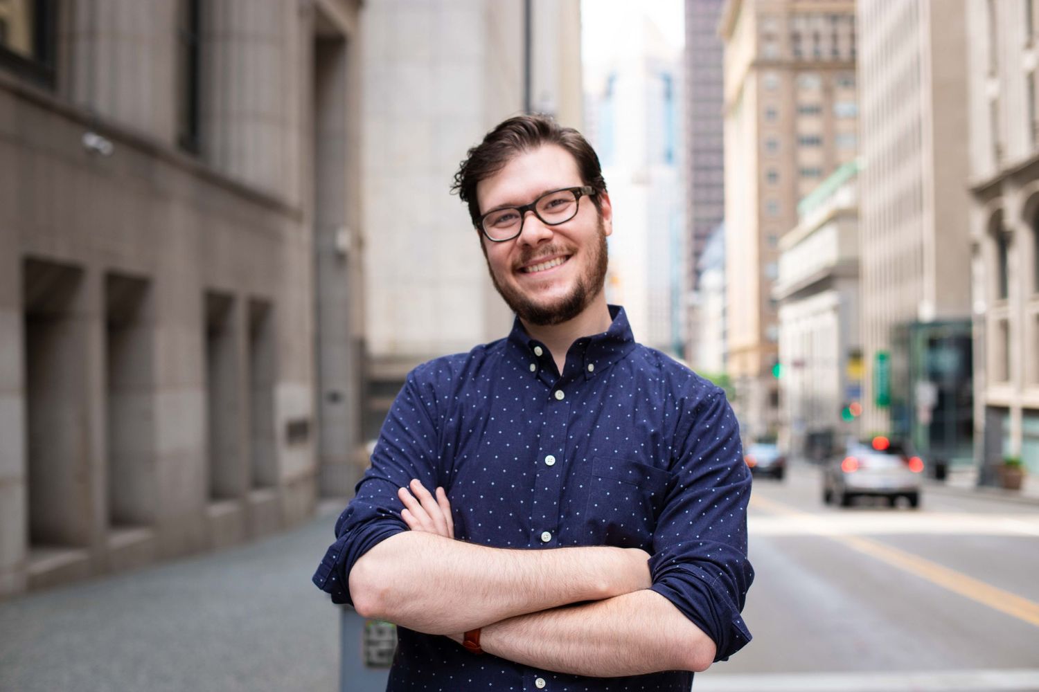 Personal branding headshot image of young political figure taken outdoors in downtown Pittsburgh by Abby Gleason
