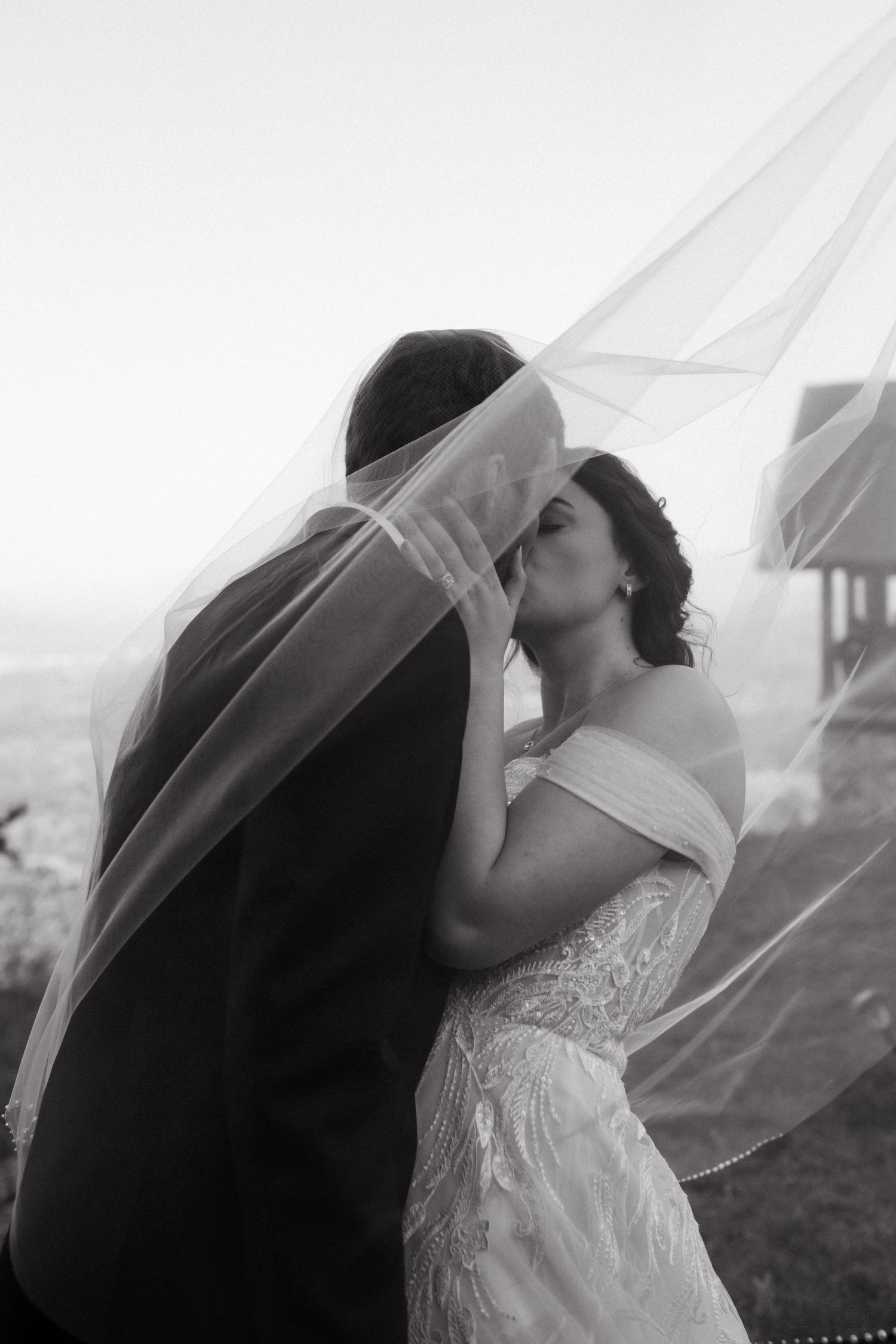 An intimate black and white wedding portrait with flowing veil.