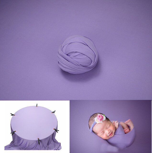 Newborn photography setup with purple fabric backdrop and matching wrap displayed in three coordinating views.