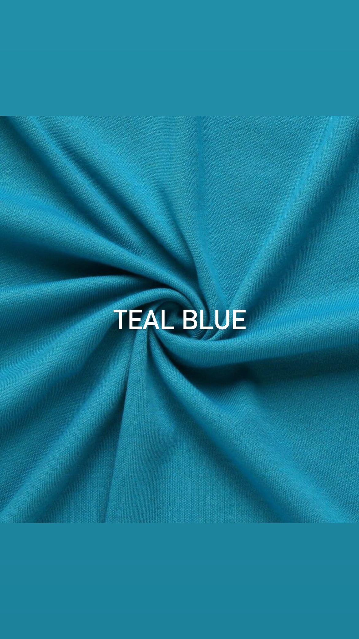 Twisted teal blue fabric texture with text overlay showing the color name.