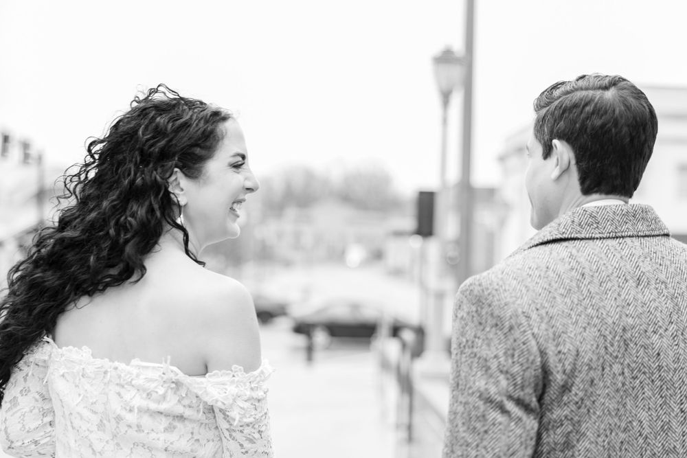 Bride looking at new groom in Down-Town Edwardsville