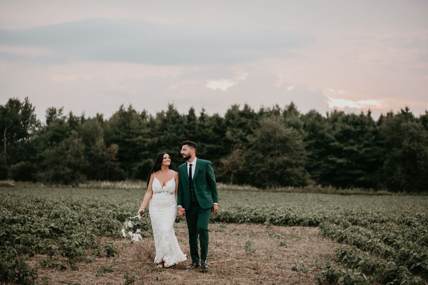 bride and groom walking in Amaranth Ontario