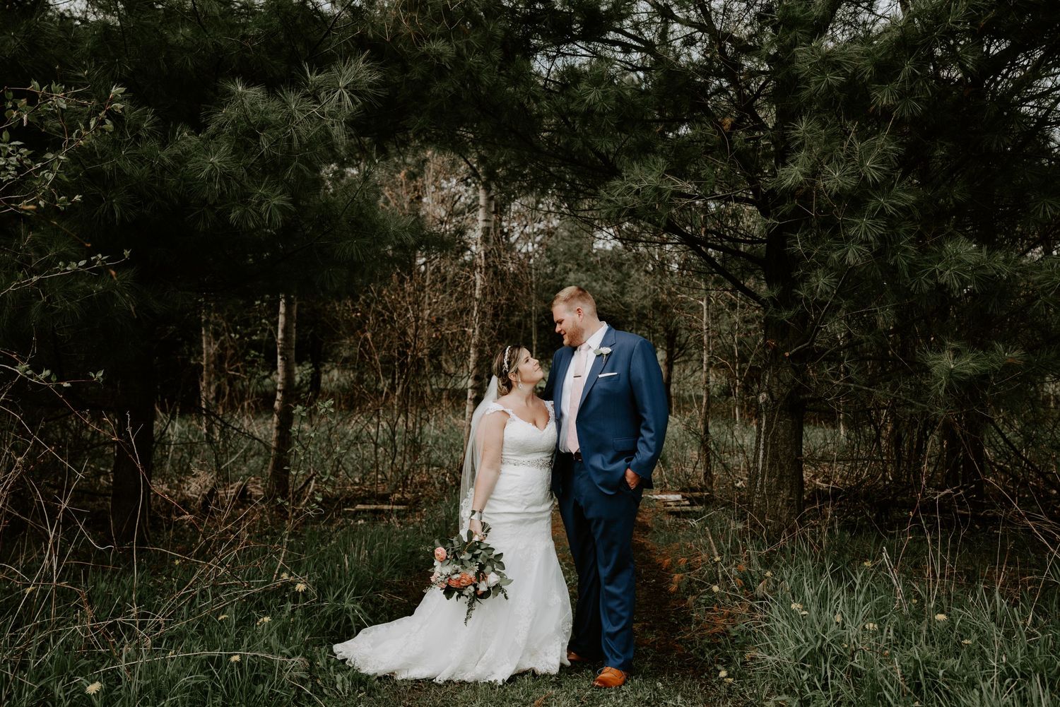 bride and groom gazing at each other at Spring Gavel Creek Farm in Southampton Ontario