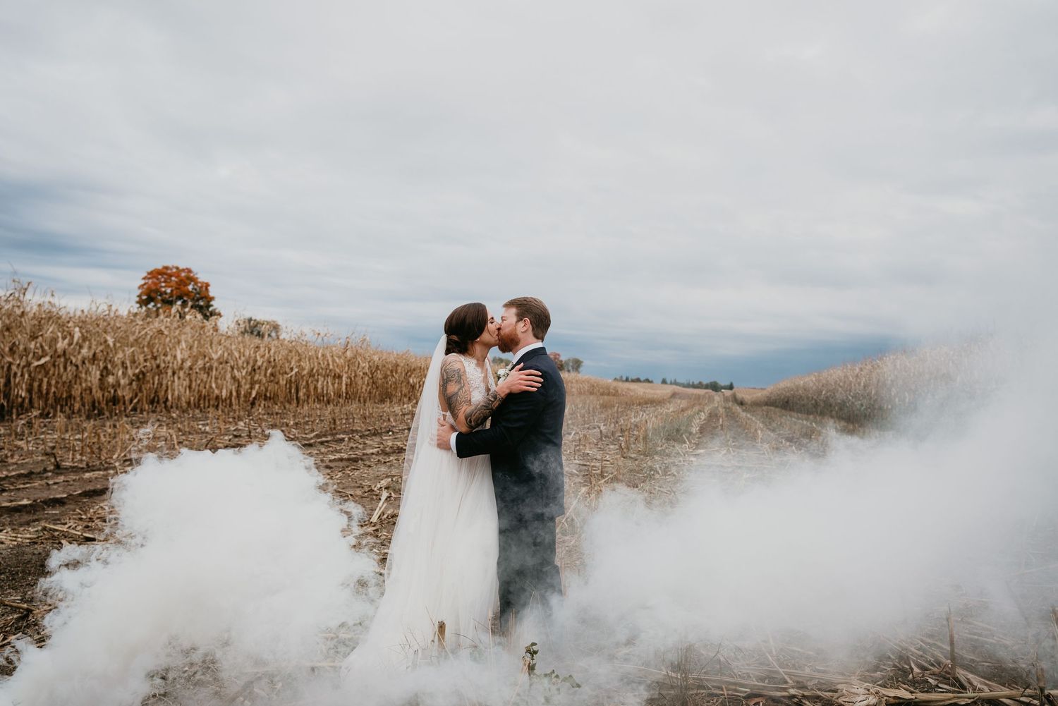bride and groom kiss near corn field with white smoke fog