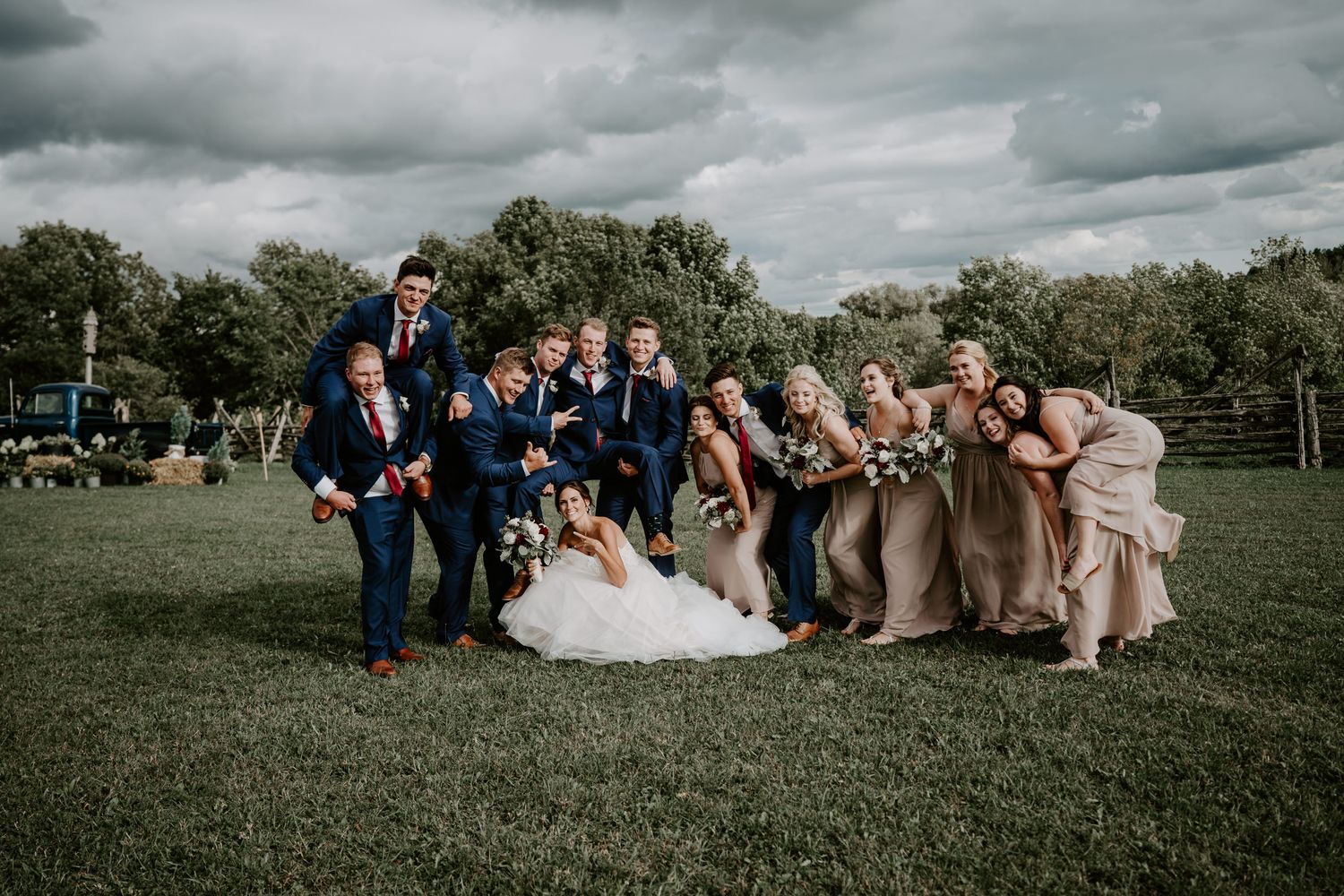 wedding party beige and blue on cloudy day