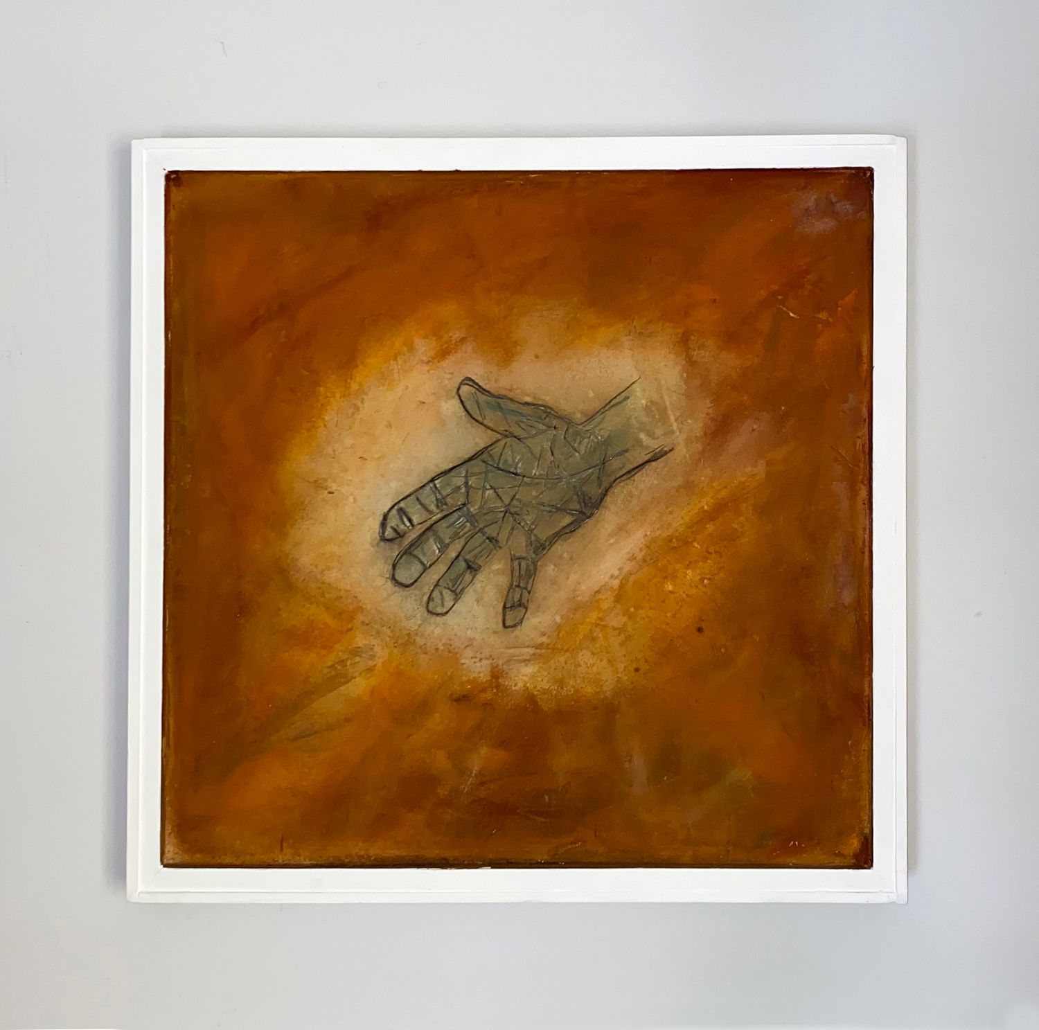 'Hands' mixed media painting on canvas. Hand outstretched on a burnt, orange background.