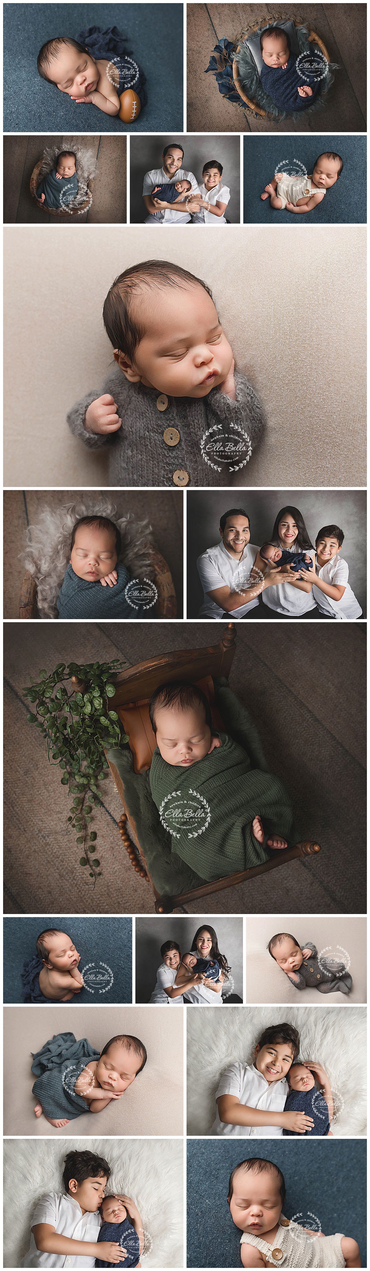 Collection of newborn and family photos featuring baby in various outfits and poses with navy and green tones.