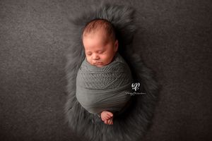 newborn baby wrapped in gray with fur baby pictures Lexington, SC; best newborn photographer Lexington, SC; baby picture