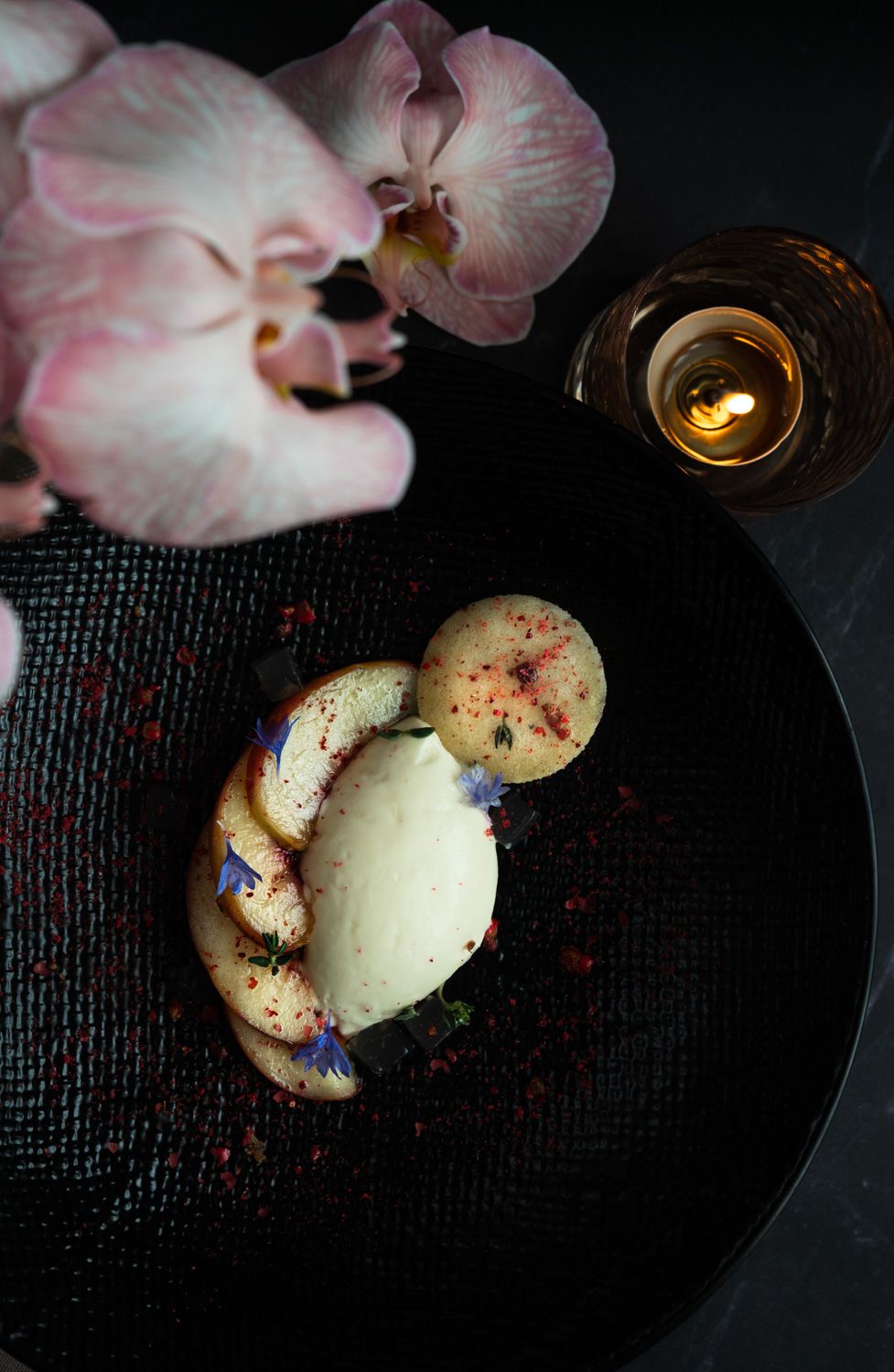 Crème Fraiche Mousse, Pink peppercorn & thyme white peach, recipe, plated dessert, date night, dessert styling, recipe