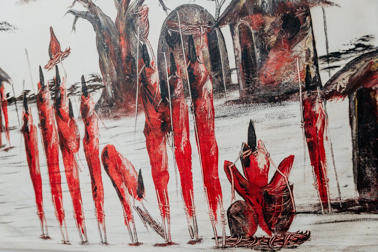 Abstract red watercolor painting depicting figures in a dramatic scene.
