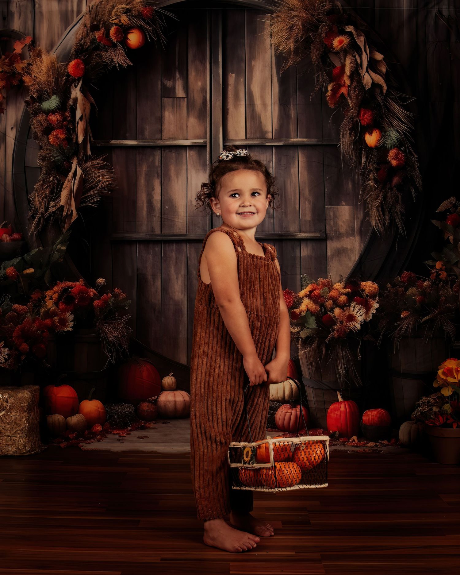 Fall harvest themed photo setup with rustic wooden backdrop and autumn decorations.
