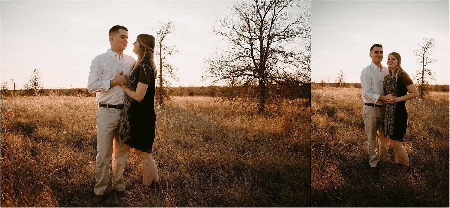 Two photos of a couple embracing in a rustic field during golden hour.