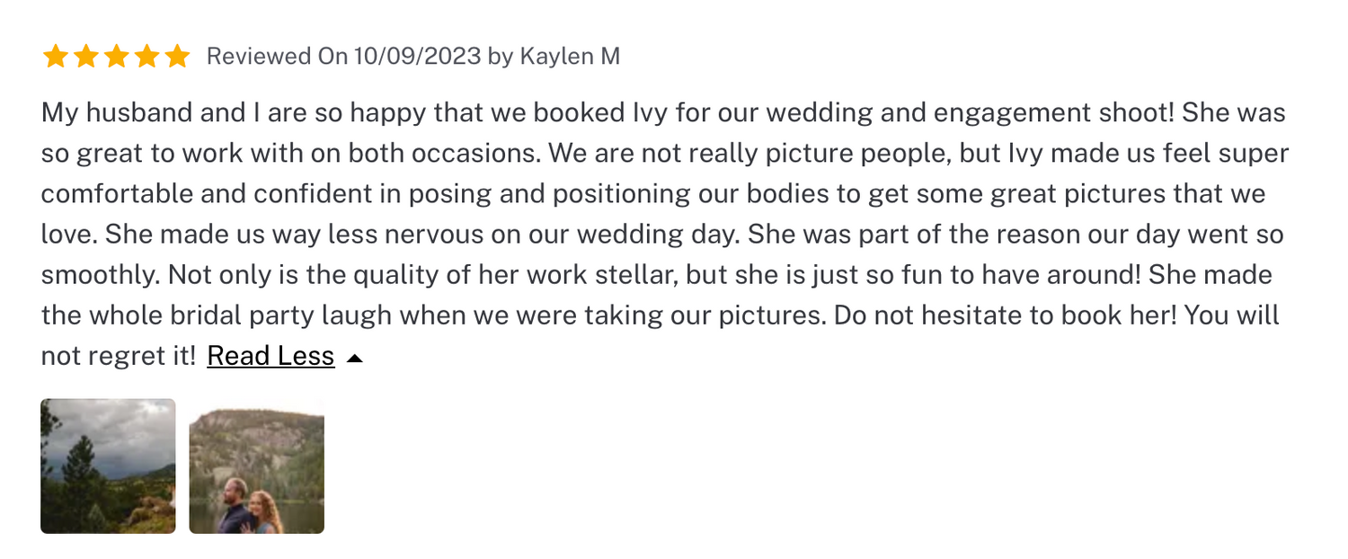 A 5-star review screenshot praising the wedding photographer's work and professionalism.