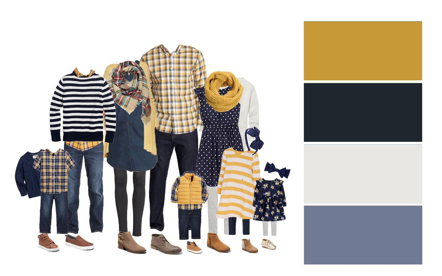 Family portrait outfit collection in navy and mustard yellow with plaid and stripe patterns.