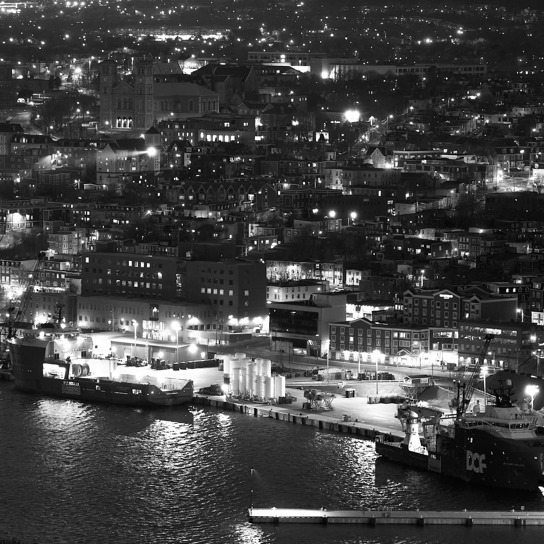 EXPLORE ST JOHN'S HARBOUR IN NEWFOUNDLAND, CANADA AT NIGHT (MONOCHROME)