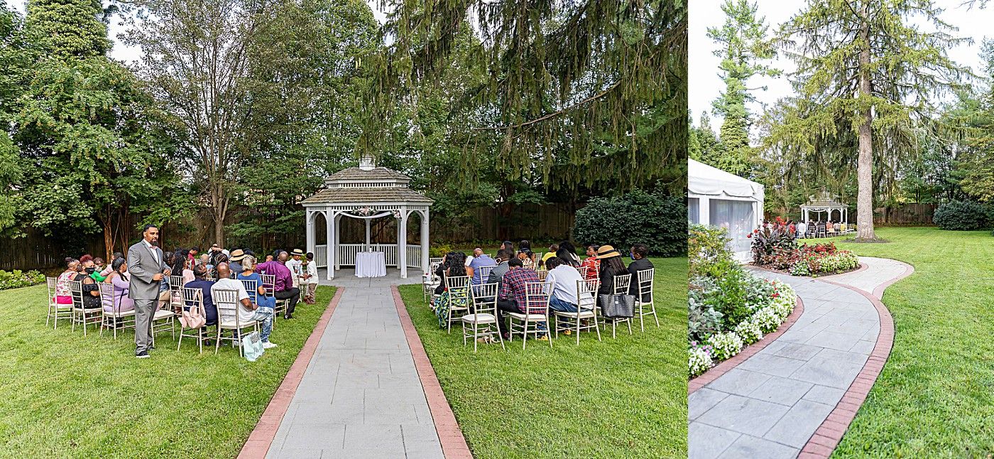 Outdoor wedding ceremony setup with white gazebo, guest seating, and lush garden surroundings.
