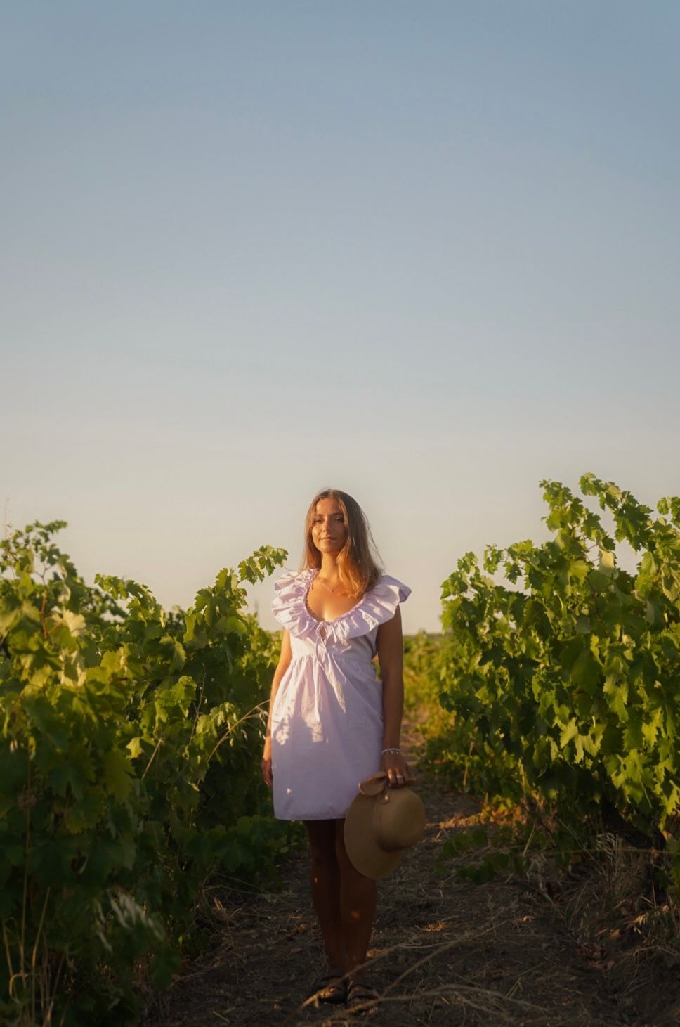 Feminine sundress styled with straw hat amid lush vineyard landscape.