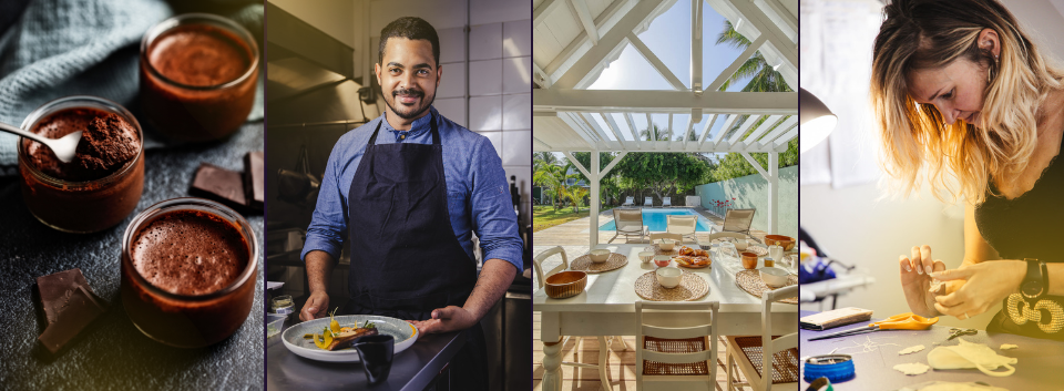 A collection of food and drink images showing various dishes and beverages being prepared and served.