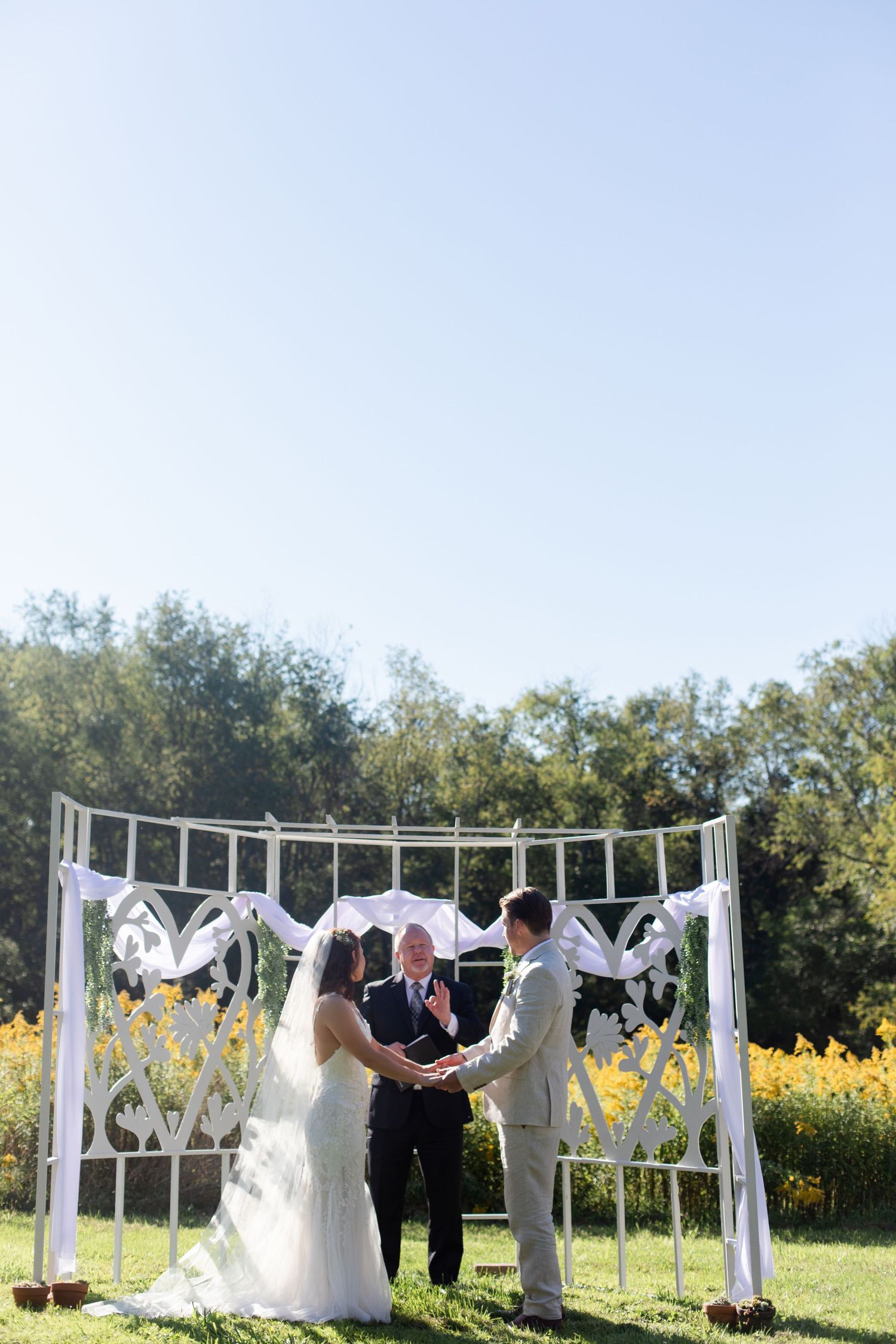 An outdoor wedding ceremony with white decorations and yellow wildflowers in the background.