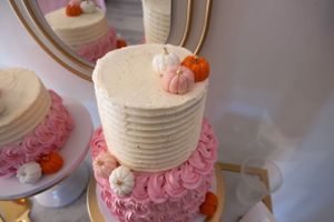 Elegant tiered cake with white and pink frosting adorned with small decorative pumpkins.