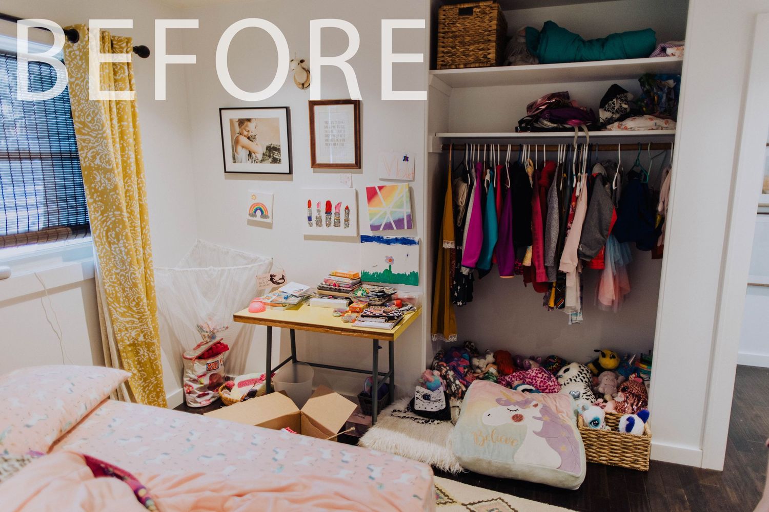 Messy bedroom before renovation with clothes and items scattered throughout.