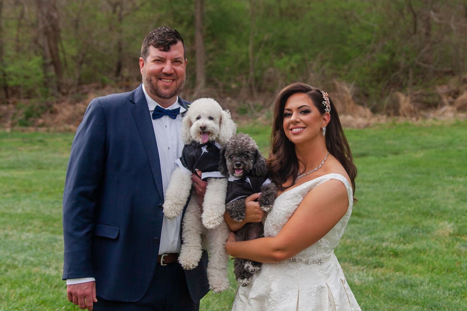 A wedding couple poses outdoors with their small white dogs on a grassy lawn.