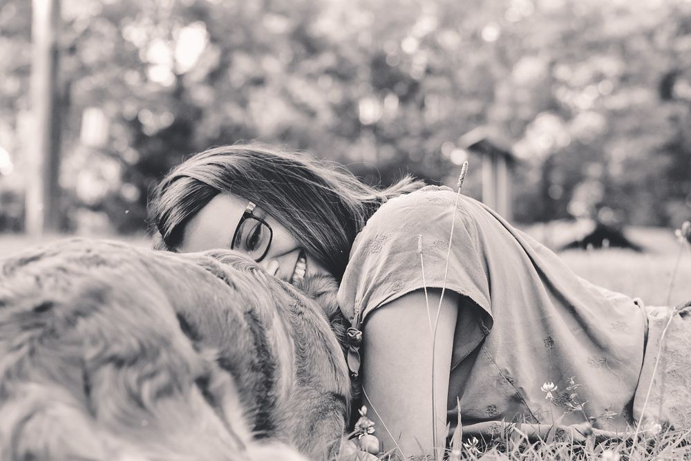 snuggles with golden retriever black and white