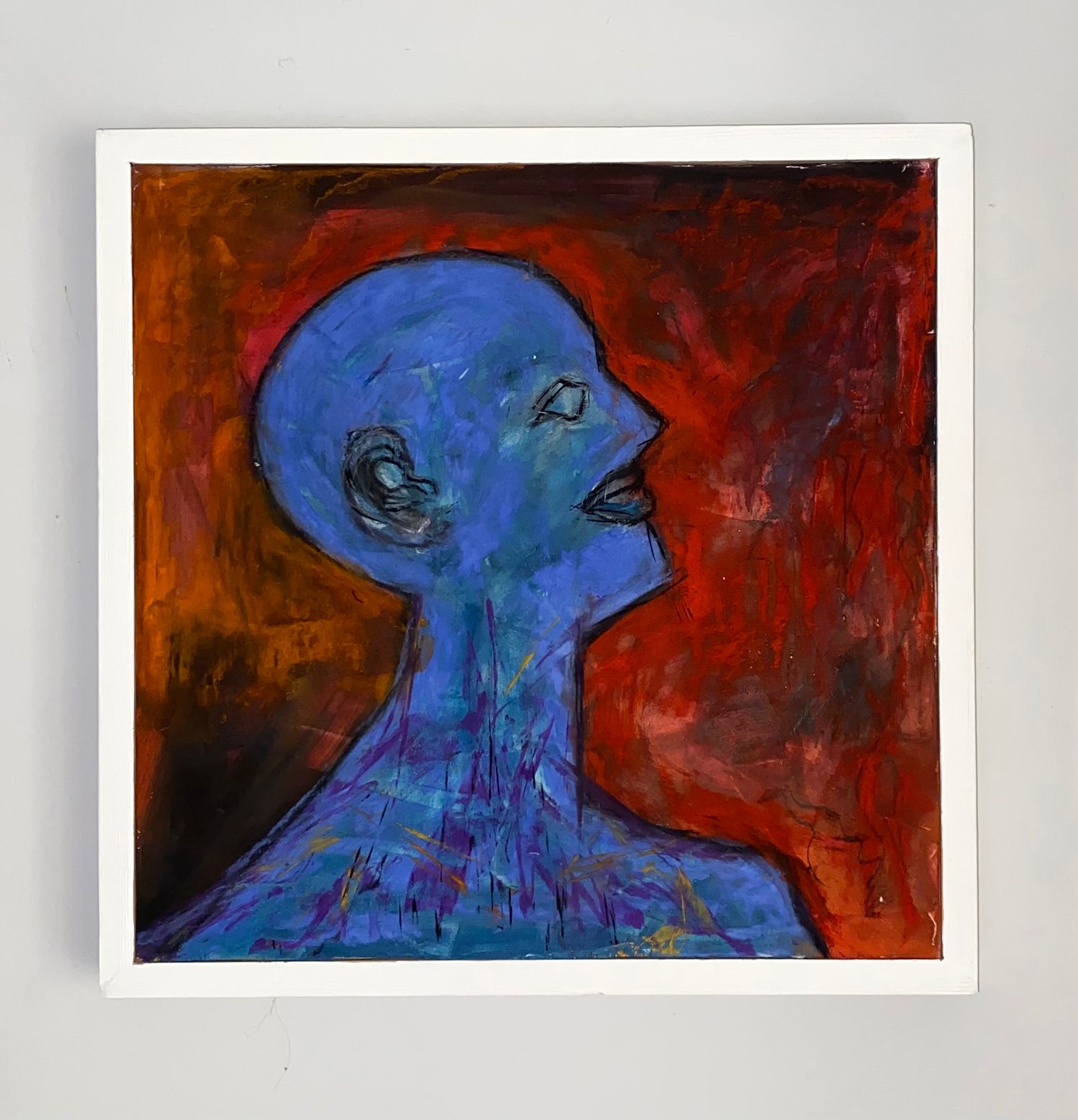 'Blue Head' mixed media painting on canvas. Blue headed figure on a background of red.